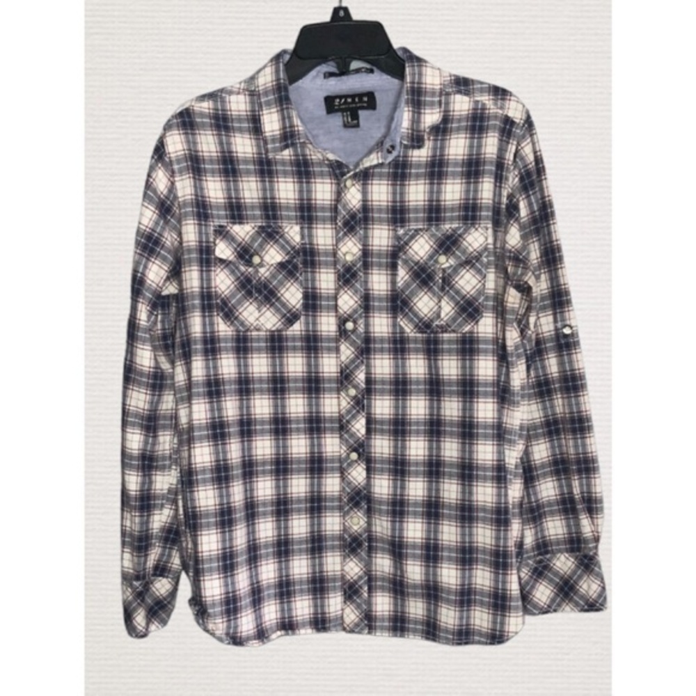 21Men Red White Blue Plaid Western Snap Down Casual Long Sleeve Shirt M